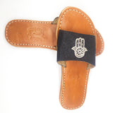 MyTindy Real Leather Black Sandals with Hamsa Embroidered, view 2