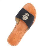 MyTindy Real Leather Black Sandals with Hamsa Embroidered, view 3
