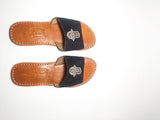 MyTindy Real Leather Black Sandals with Hamsa Embroidered, view 4