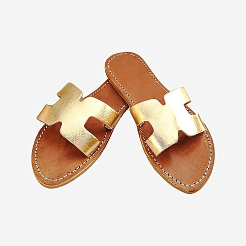 MyTindy Real Leather H Shaped Gold Sandals