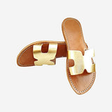 MyTindy Real Leather H Shaped Gold Sandals, view 3