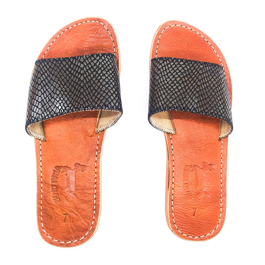 MyTindy Real Leather Python Pattern Black Sandals