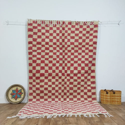 MyTindy Red Handmade Rug, Red Checkered Rug - Berber style wool rug from Morocco - Modern rug