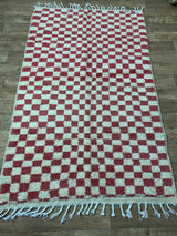 MyTindy Red Handmade Rug, Red Checkered Rug - Berber style wool rug from Morocco - Modern rug, view 2