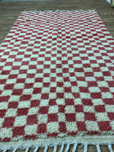 MyTindy Red Handmade Rug, Red Checkered Rug - Berber style wool rug from Morocco - Modern rug, view 3