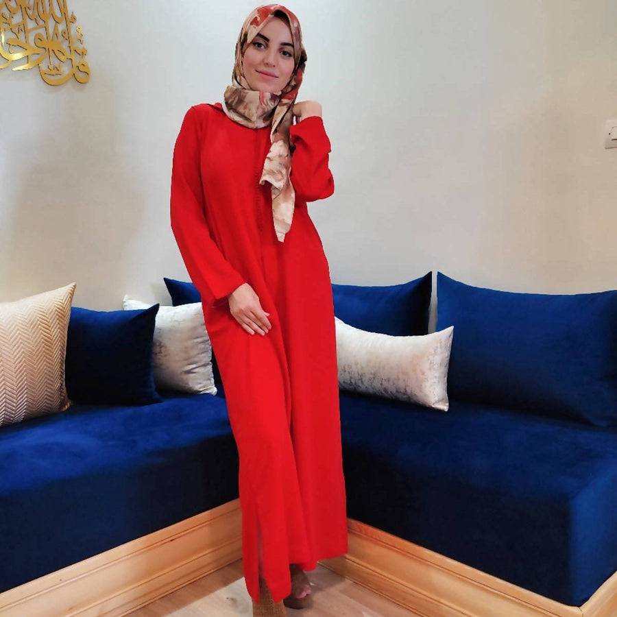 MyTindy Red Moroccan Djellaba in Crepe Fabric