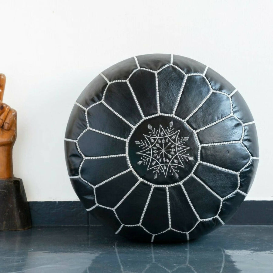 MyTindy ROUND BLACK LEATHER MOROCCAN POUF