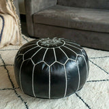 MyTindy ROUND BLACK LEATHER MOROCCAN POUF, view 4