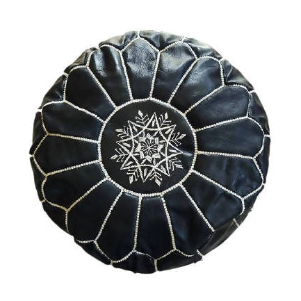 MyTindy Round Black Leather Moroccan Pouf