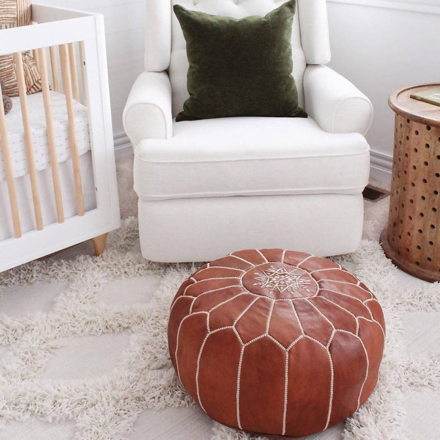 MyTindy Round Brown Leather Moroccan Pouf