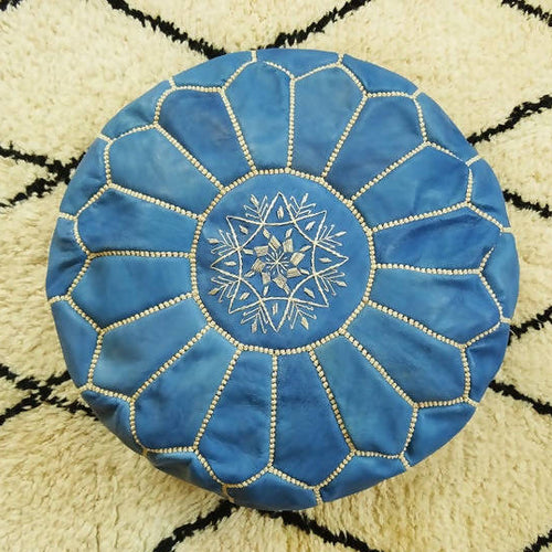 MyTindy Round Leather Moroccan Pouf , Blue Jean color