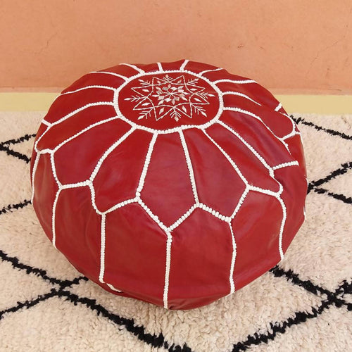 MyTindy Round Leather Moroccan Pouf , Red color