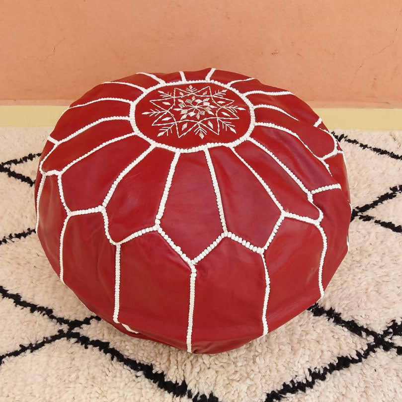 MyTindy Round Leather Moroccan Pouf , Red color