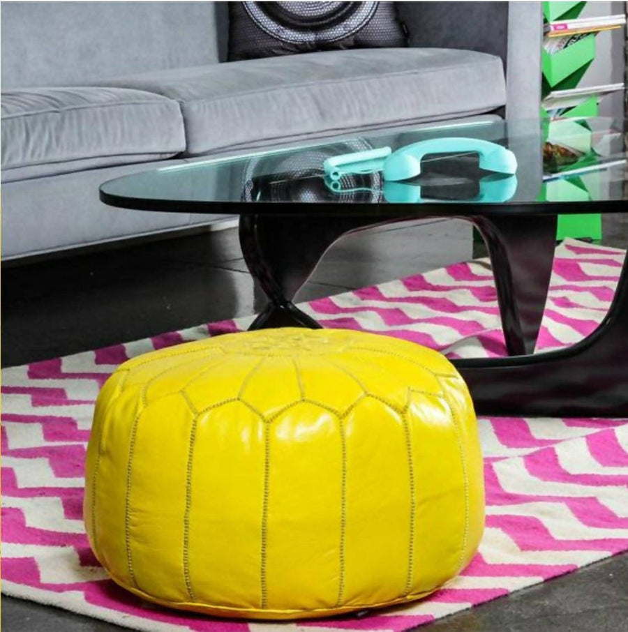 MyTindy Round Leather Moroccan Pouf , Yellow Color