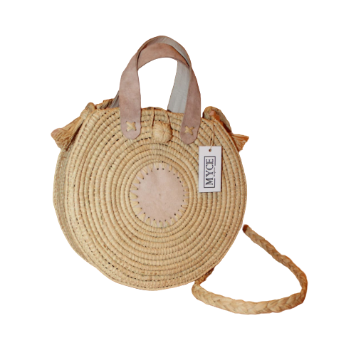 MyTindy Round Raphia Shoulder Strap Bag with Leather Pattern