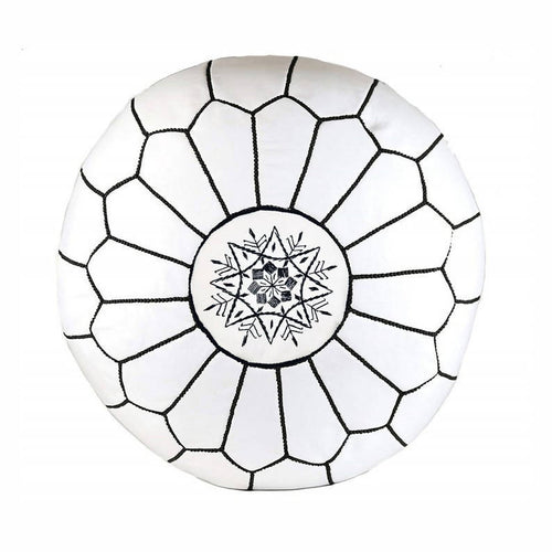 MyTindy Round White Leather Moroccan Pouf with Black Stitching