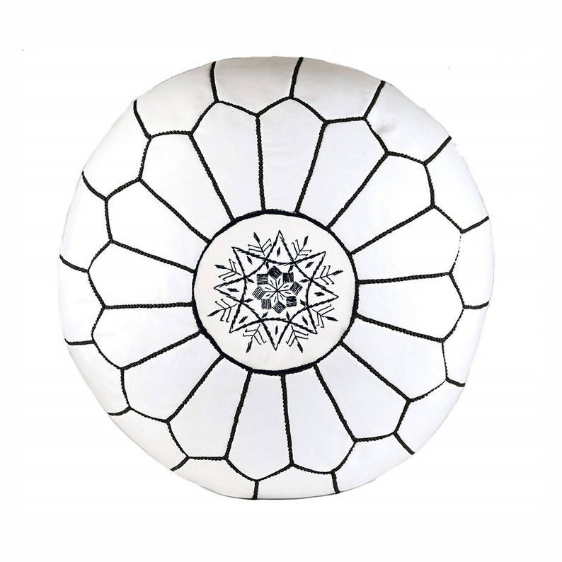 MyTindy Round White Leather Moroccan Pouf with Black Stitching