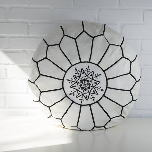 MyTindy Round White Leather Moroccan Pouf
