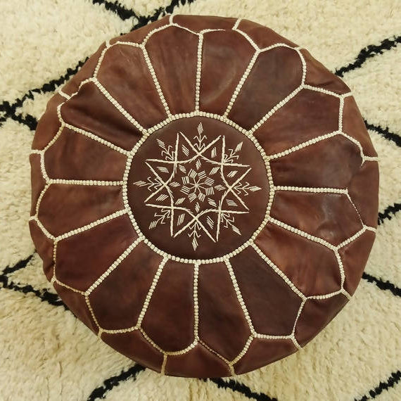 MyTindy Round Leather Moroccan Pouf , Dark Brown Color