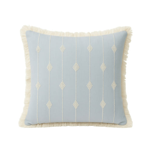 MyTindy Sky Blue Cotton "Tarz Rbati" Cushion - Bohemian Diamond Embroidery & Fringed Edges