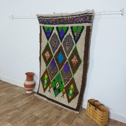 MyTindy Stunning Brown Moroccan Rug - Unique Multicolor Wool Carpet - Colorful Green Area Rug 3x5ft
