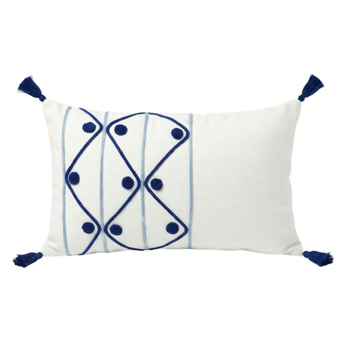 MyTindy Boho Lumbar Cushion with Cobalt Blue Embroidery and Tassels – Textured Decorative Pillow