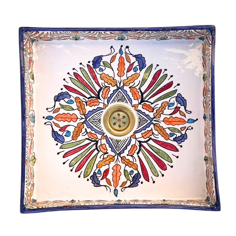 MyTindy Hand-Painted Moroccan Ceramic Bathroom Basin – Square Colorful Floral Design Washbasin