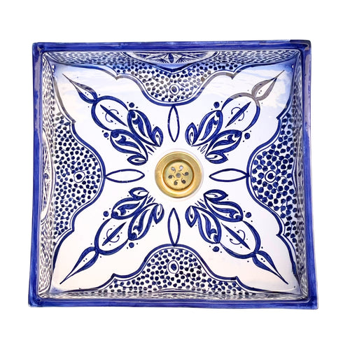 MyTindy Hand-Painted Moroccan Ceramic Bathroom Sink – Square Blue & White Traditional Washbasin