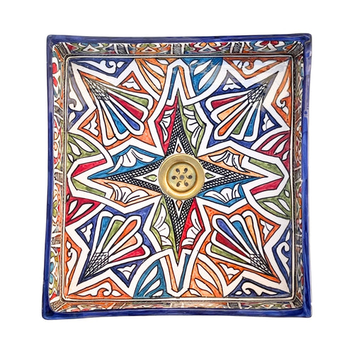 MyTindy Hand-Painted Moroccan Ceramic Bathroom Sink – Square Geometric Star Washbasin in Vibrant Colors