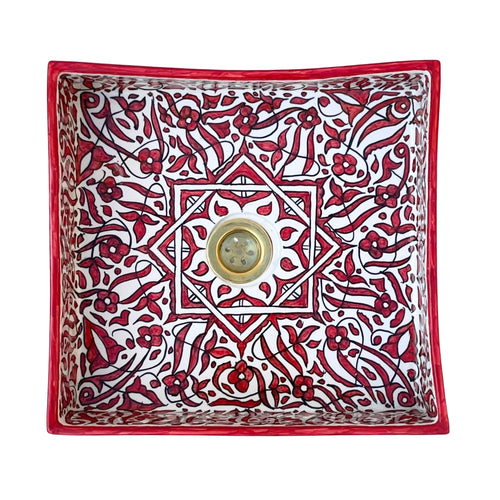 MyTindy Hand-Painted Moroccan Ceramic Sink – Square Red Arabesque Design