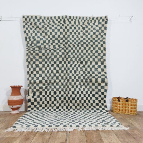 MyTindy Turquoise Handmade Rug, White & Turquoise Checkered Rug - Berber style wool rug from Morocco - Modern rug