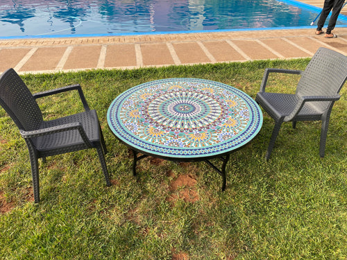 MyTindy Unique Mosaic Table for Outdoor & Indoor unique mandala design 100% handcrafted, large luxury Round table made from green tiles
