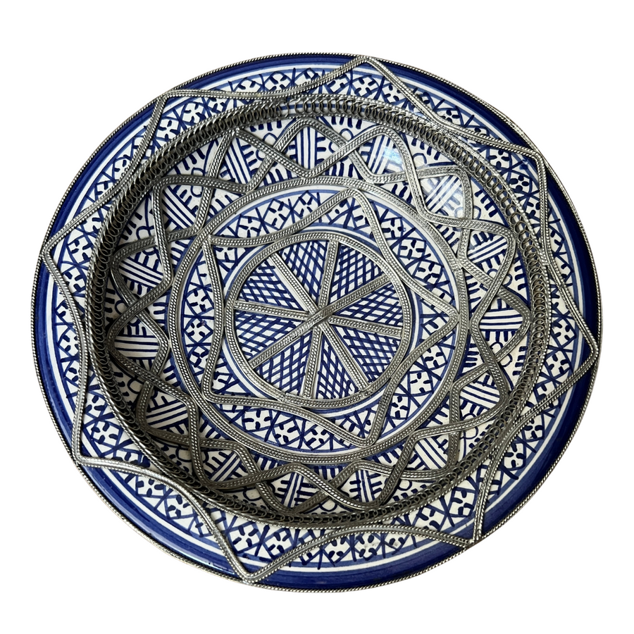 MyTindy Blue Vintage Moroccan Deep Dish with Metal