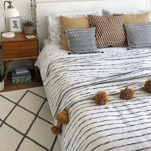 MyTindy White & Black Cotton Blanket, YELLOW POMPOMS