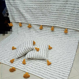 MyTindy White & Black Cotton Blanket, YELLOW POMPOMS, view 3