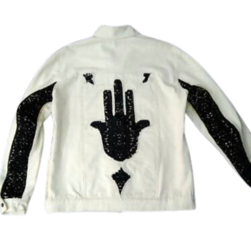 MyTindy White Denim Moroccan Jacket with Hamsa