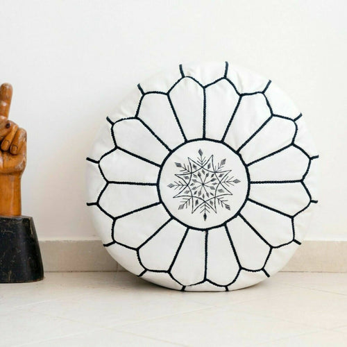 MyTindy WHITE LEATHER MOROCCAN POUF