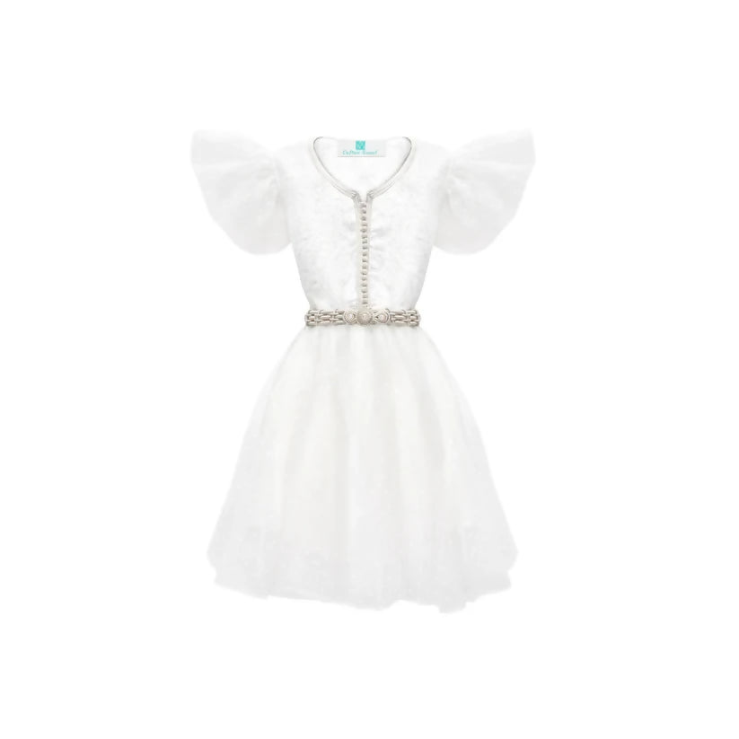 MyTindy White Moroccan Kaftan with polka dots for girls