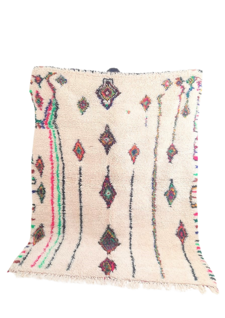 MyTindy White wool Moroccan carpet with colored diamonds