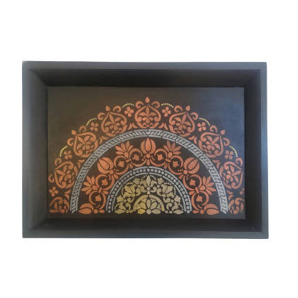 MyTindy Wooden Black Serving Tray With Orange Mandala