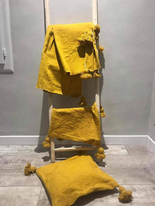 MyTindy Yellow Cotton Blanket, YELLOW POMPOMS