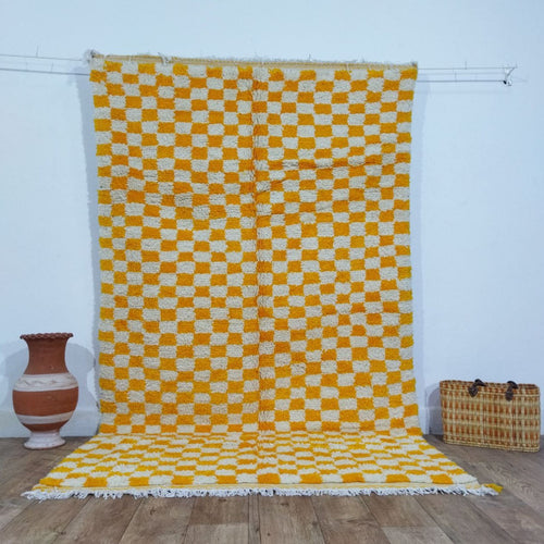 MyTindy Yellow Handmade Rug, Yellow Checkered Rug - Berber style wool rug from Morocco - Modern rug