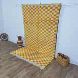 MyTindy Yellow Handmade Rug, Yellow Checkered Rug - Berber style wool rug from Morocco - Modern rug, view 2