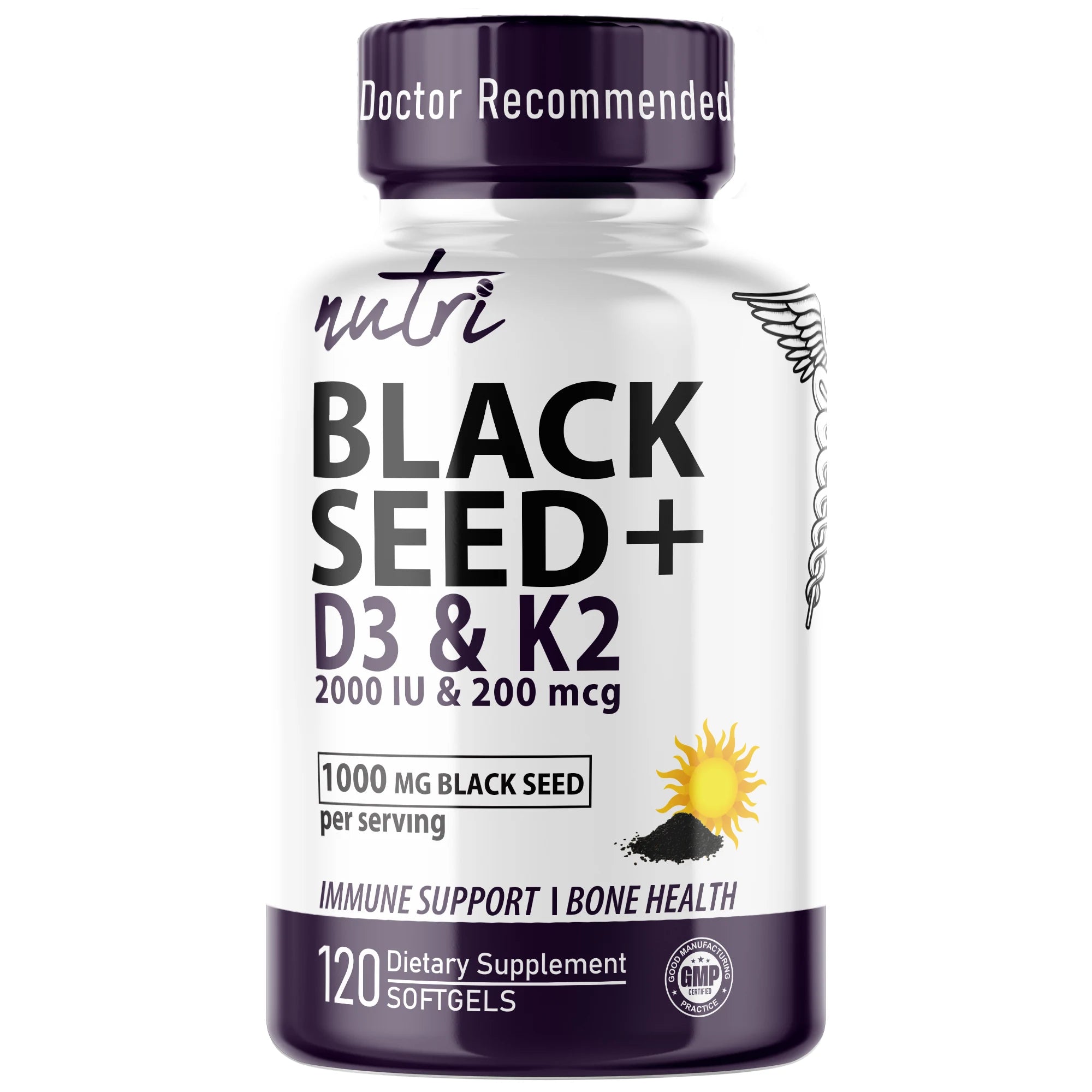 Nature's Fusions Nutri D3 & K2 Black Seed Oil 1000 mg Softgels – 120 Count