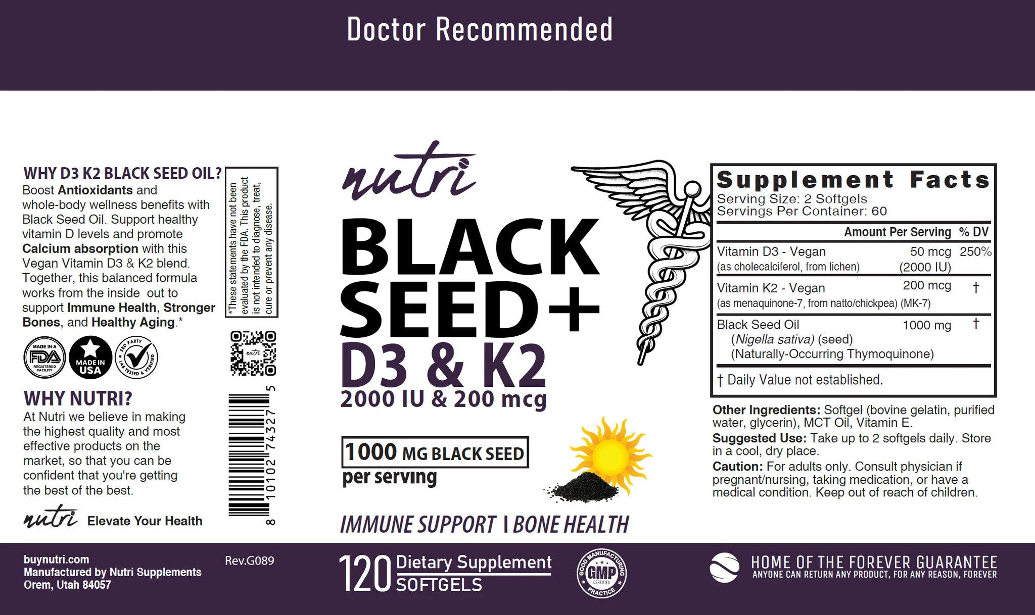 Nature's Fusions Nutri D3 & K2 Black Seed Oil 1000 mg Softgels – 120 Count, view 4