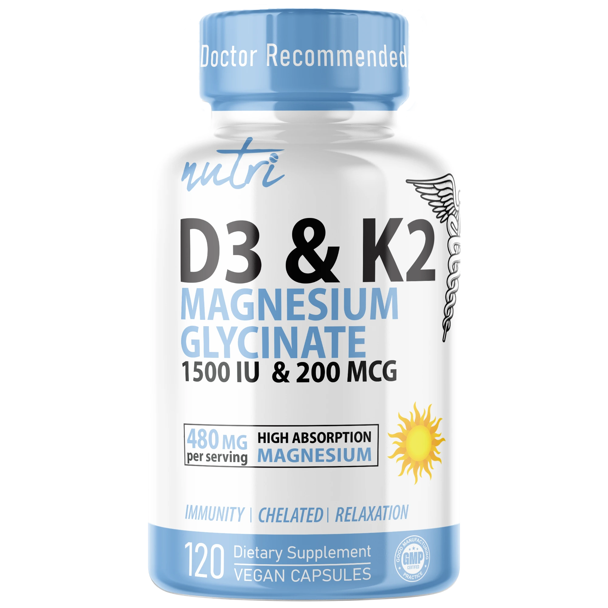 Nature's Fusions Nutri D3 & K2 Magnesium Glycinate (High Absorption) 480 mg โ 120 Count
