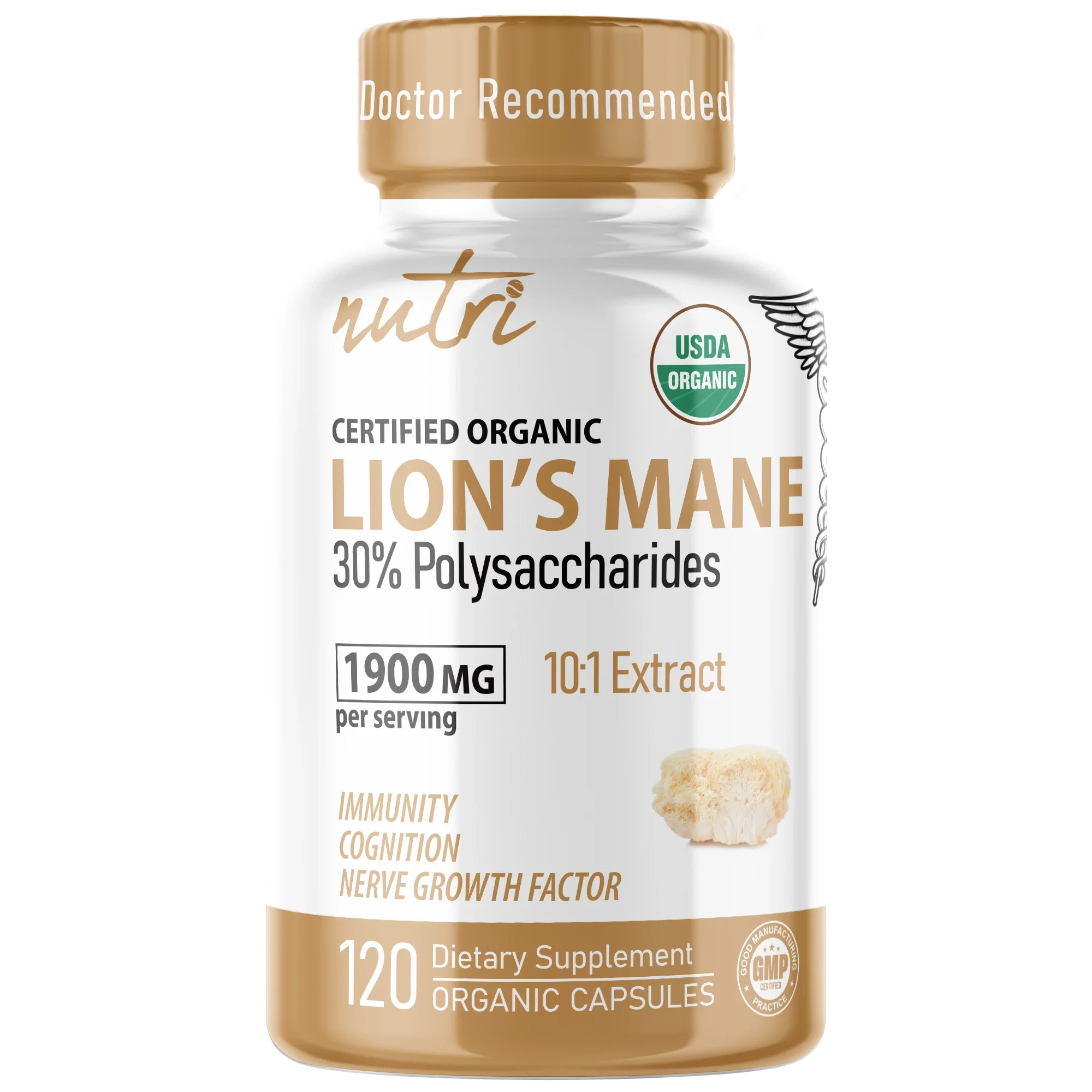 Nature's Fusions Nutri Lion’s Mane Extract 1900 mg – 120 Count – Organic