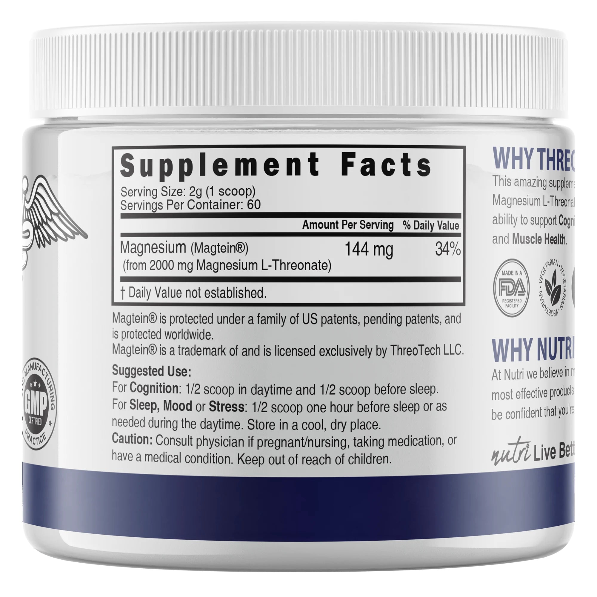 Nature's Fusions Nutri Magtein Magnesium L-Threonate 2000 mg Unflavored Powder – 120 g Tub, view 2