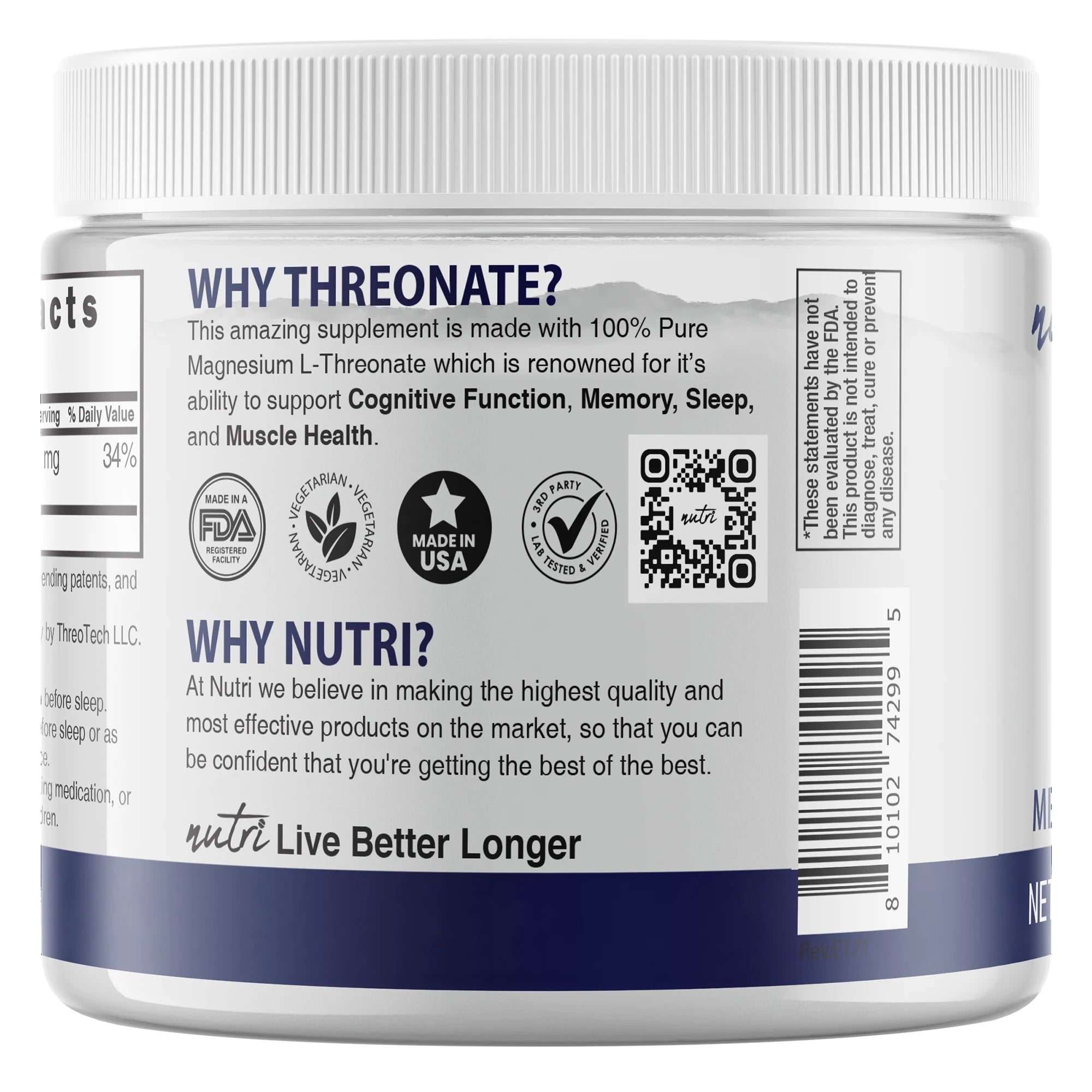 Nature's Fusions Nutri Magtein Magnesium L-Threonate 2000 mg Unflavored Powder – 120 g Tub, view 3