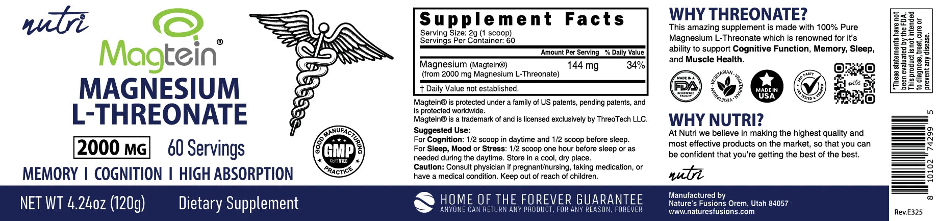 Nature's Fusions Nutri Magtein Magnesium L-Threonate 2000 mg Unflavored Powder – 120 g Tub, view 4